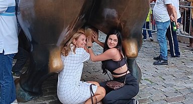 New York'ta turistlerin tacizine uğrayan boğa! Turistler bunu neden yapıyor?