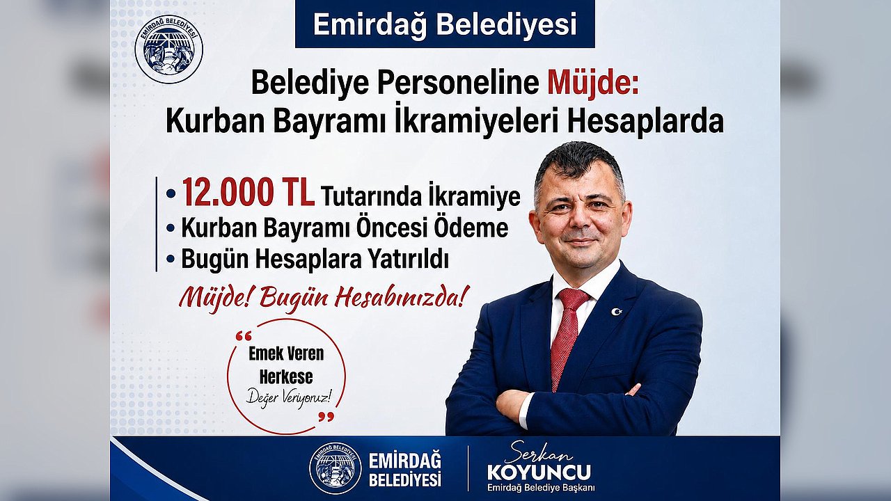 Emirdağ Belediyesinden Personele 12 Bin TL Bayram İkramiyesi