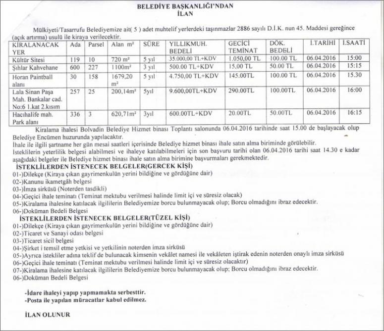 Bolvadin Belediyesi İhale İlanı