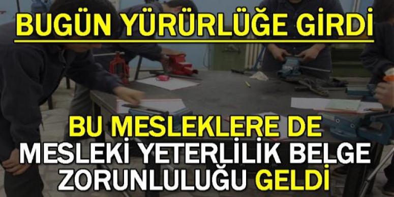 Mesleki Yeterlilik Belge zorunluluğu getirildi
